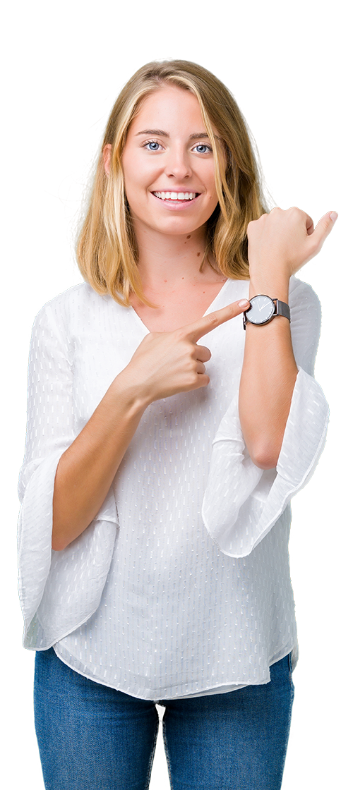 Woman pointing at watch